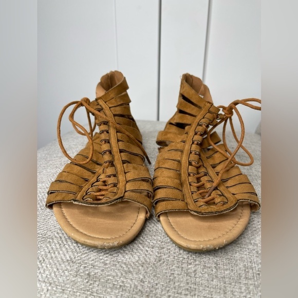 ANNA Sweden Leather Strappy Tie Sandals Tab Brown Boho Beach Size 7.5 - Picture 2 of 4